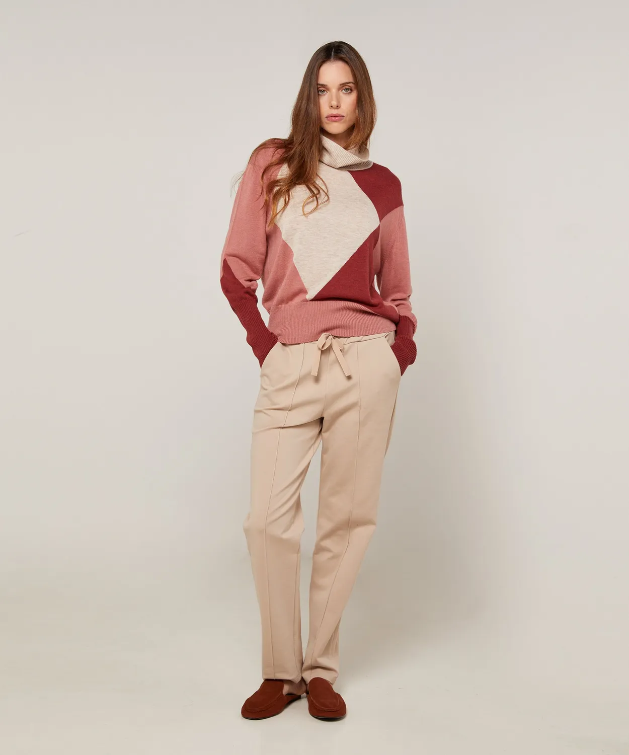 Rodier maglione dolcevita colorblock beige