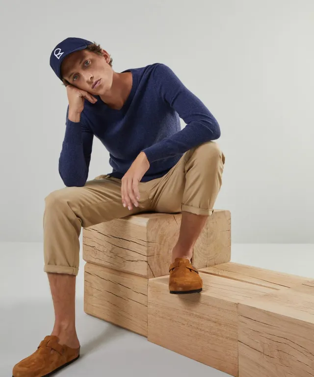 Rodier maglione V uomo cashmere blu denim