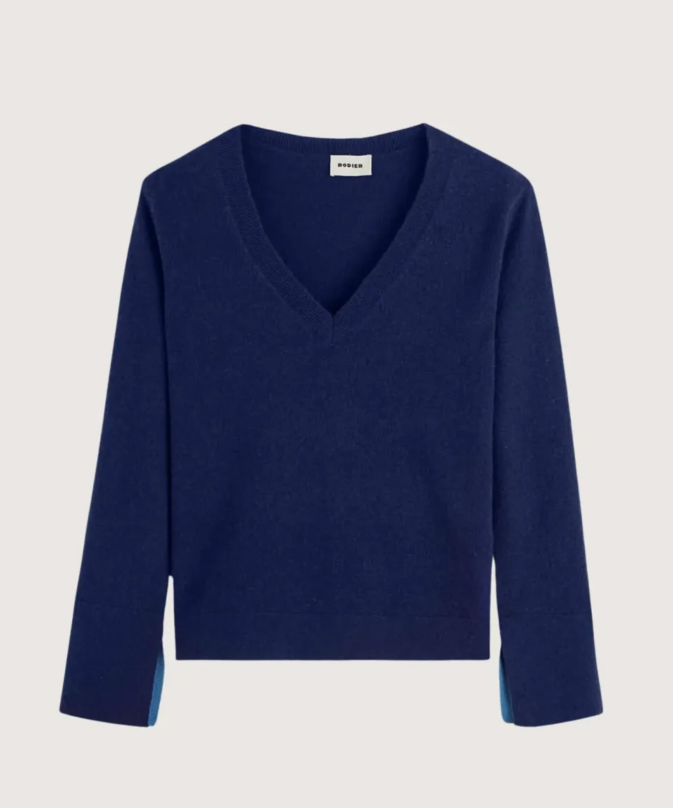 Rodier maglione scollo a V blu navy 100% cashmere
