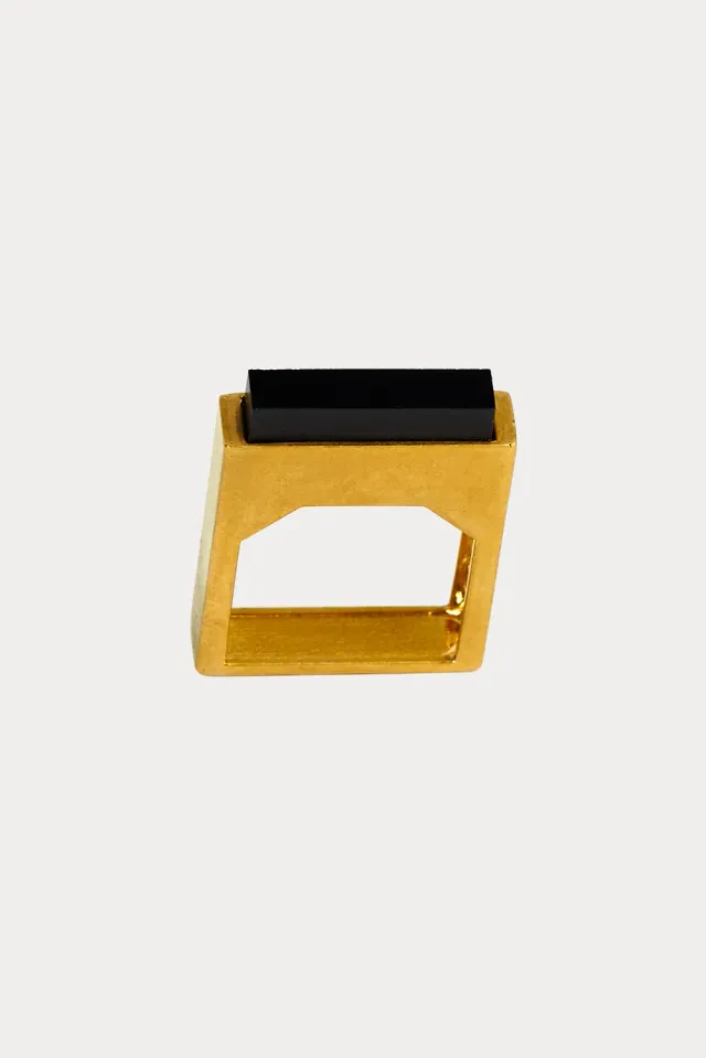 PORTS Rectangle Ring anello nero finitura oro anticato