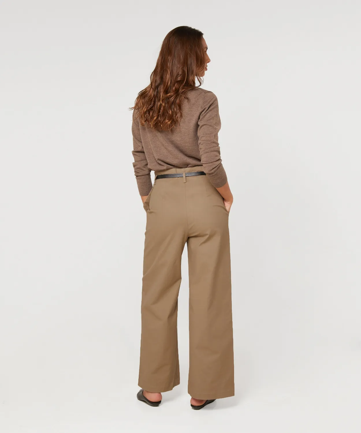 Rodier Pantaloni cotone vita alta gamba larga beige scuro