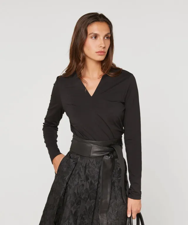 Rodier T-Shirt Scollo a V Nera Maniche Lunghe