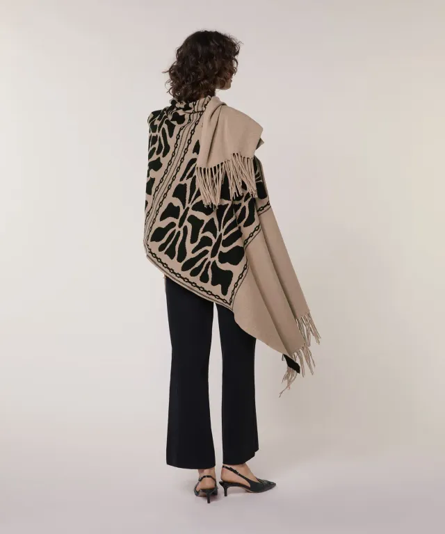 Rodier Stola in Maglia Jacquard Marrone Moka con Frange