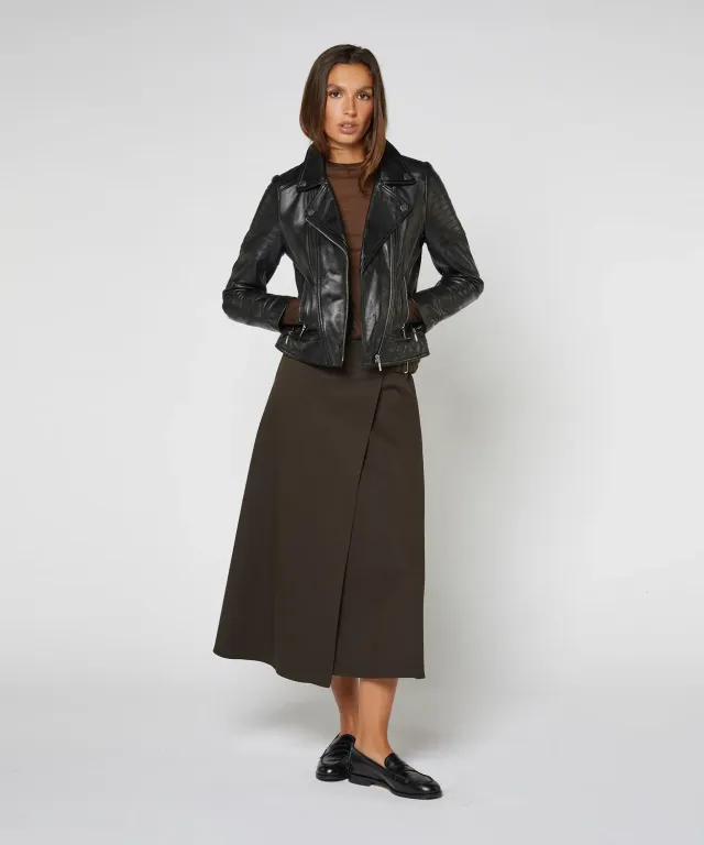 Rodier Chiodo pelle nera biker slim donna 38-46