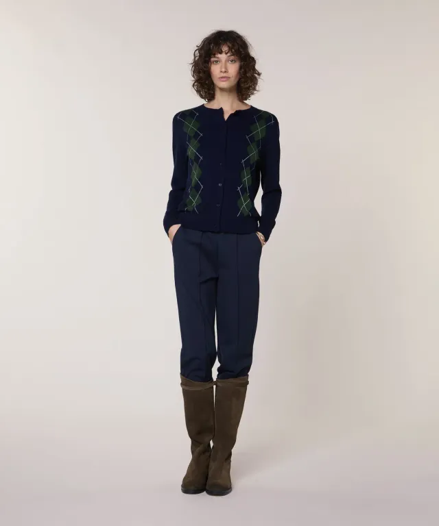 Rodier cardigan jacquard rombi blu navy maglia fine