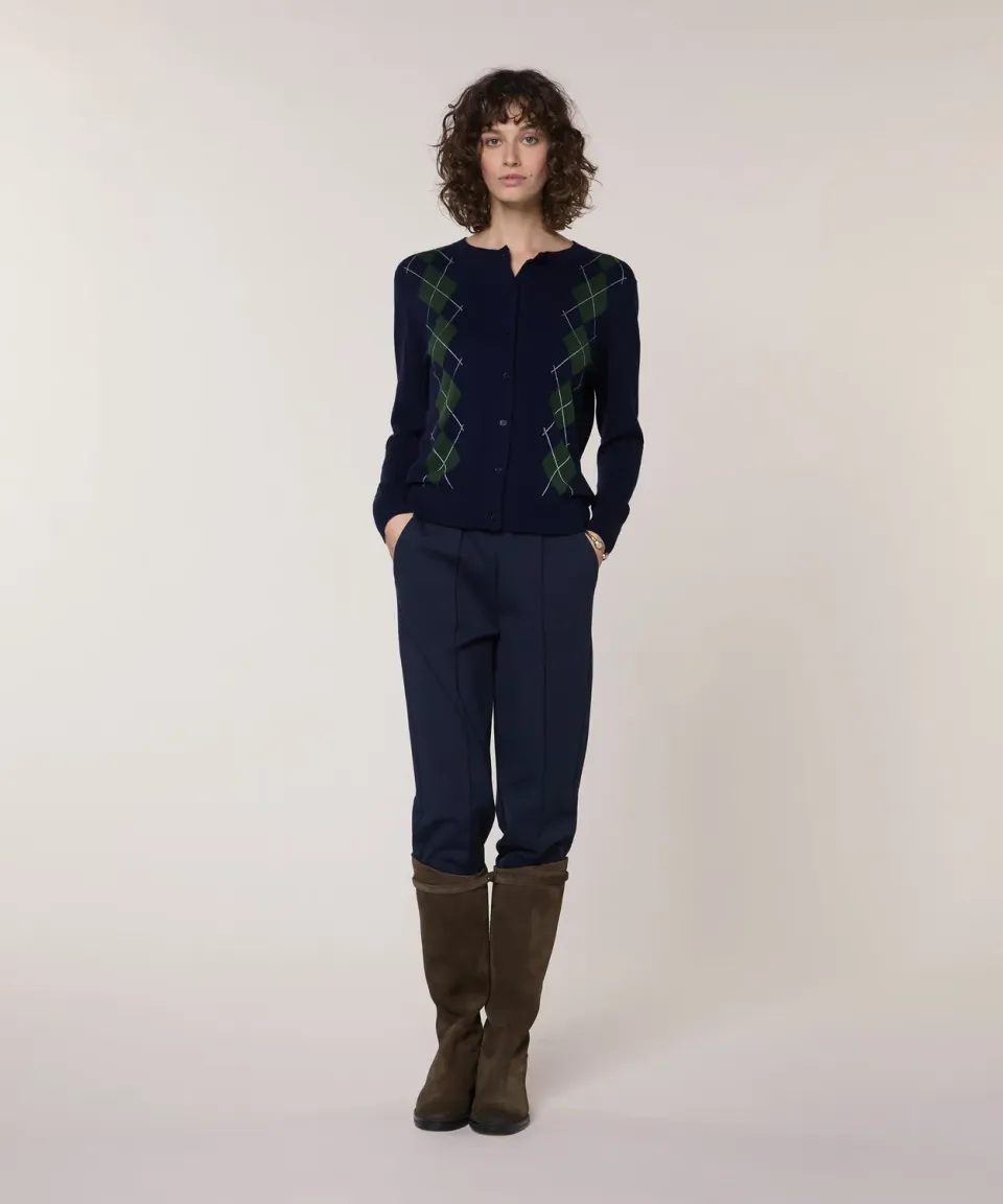 Rodier cardigan jacquard rombi blu navy maglia fine