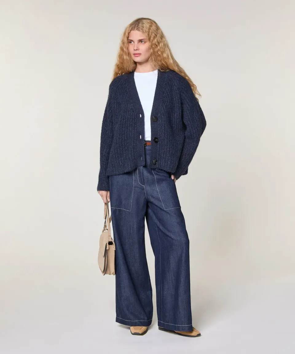 Rodier cardigan oversize maglia grossa blu navy scollo V