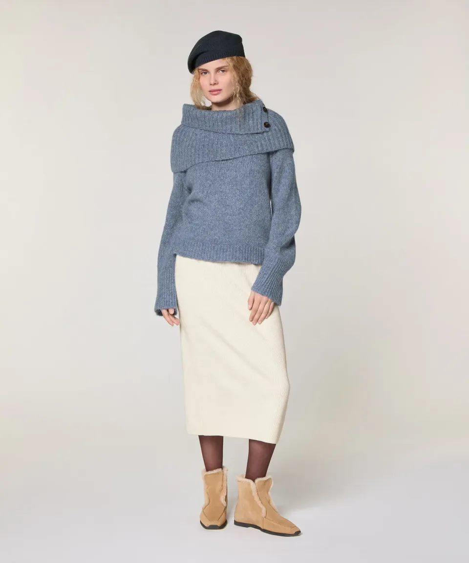Rodier Scaldacollo Maglia Grossa Donna Blu con Bottoni