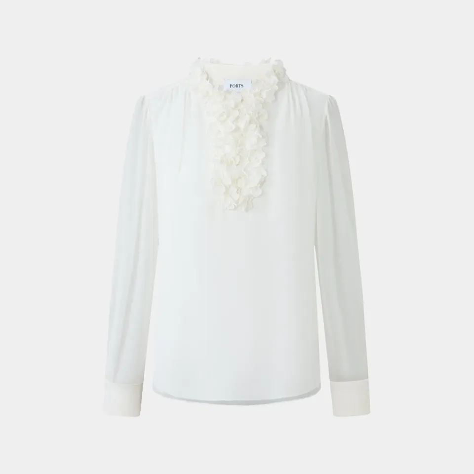 PORTS SS25 camicia bianca rouches crema elegante
