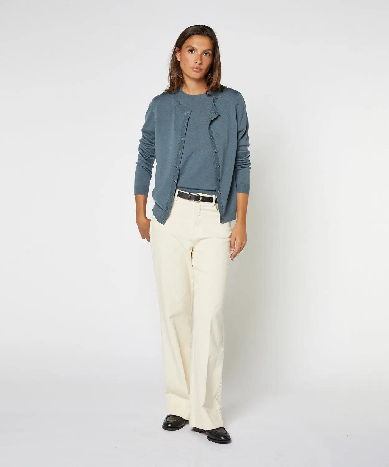 Rodier twin set lana merino blu grigio girocollo