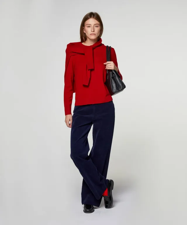 Rodier Maglione Cashmere Rosso Girocollo Coste Larghe