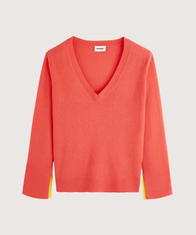 Rodier maglione scollo V cashmere arancione corallo