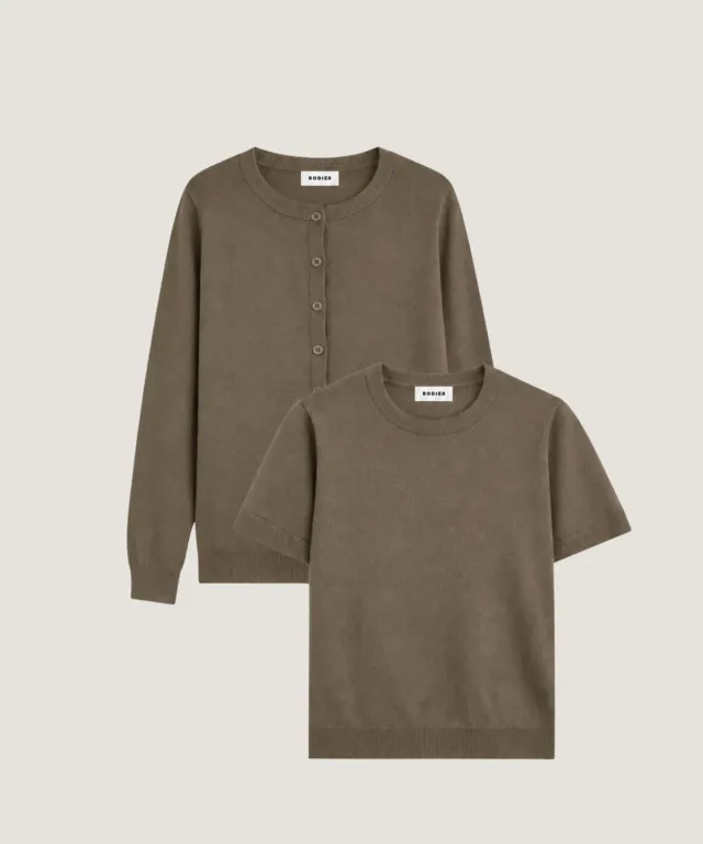 Rodier twin-set lana merino kaki cardigan pullover