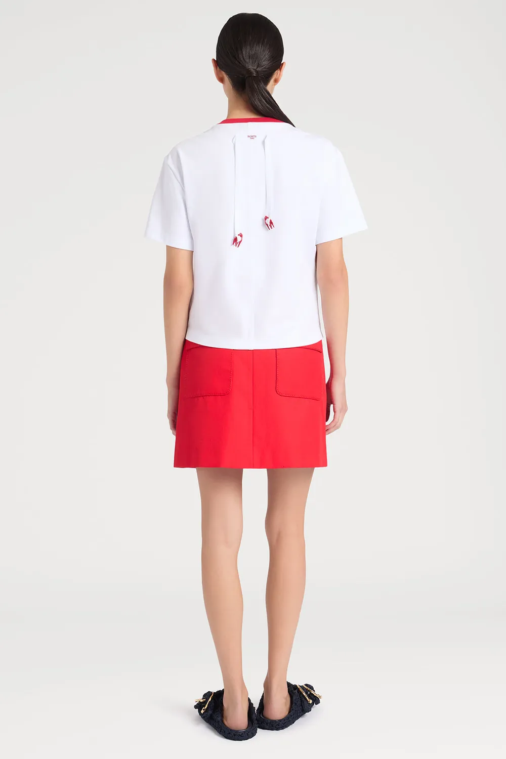 PORTS PW126KKC51 t-shirt bianca collo rosa optic white