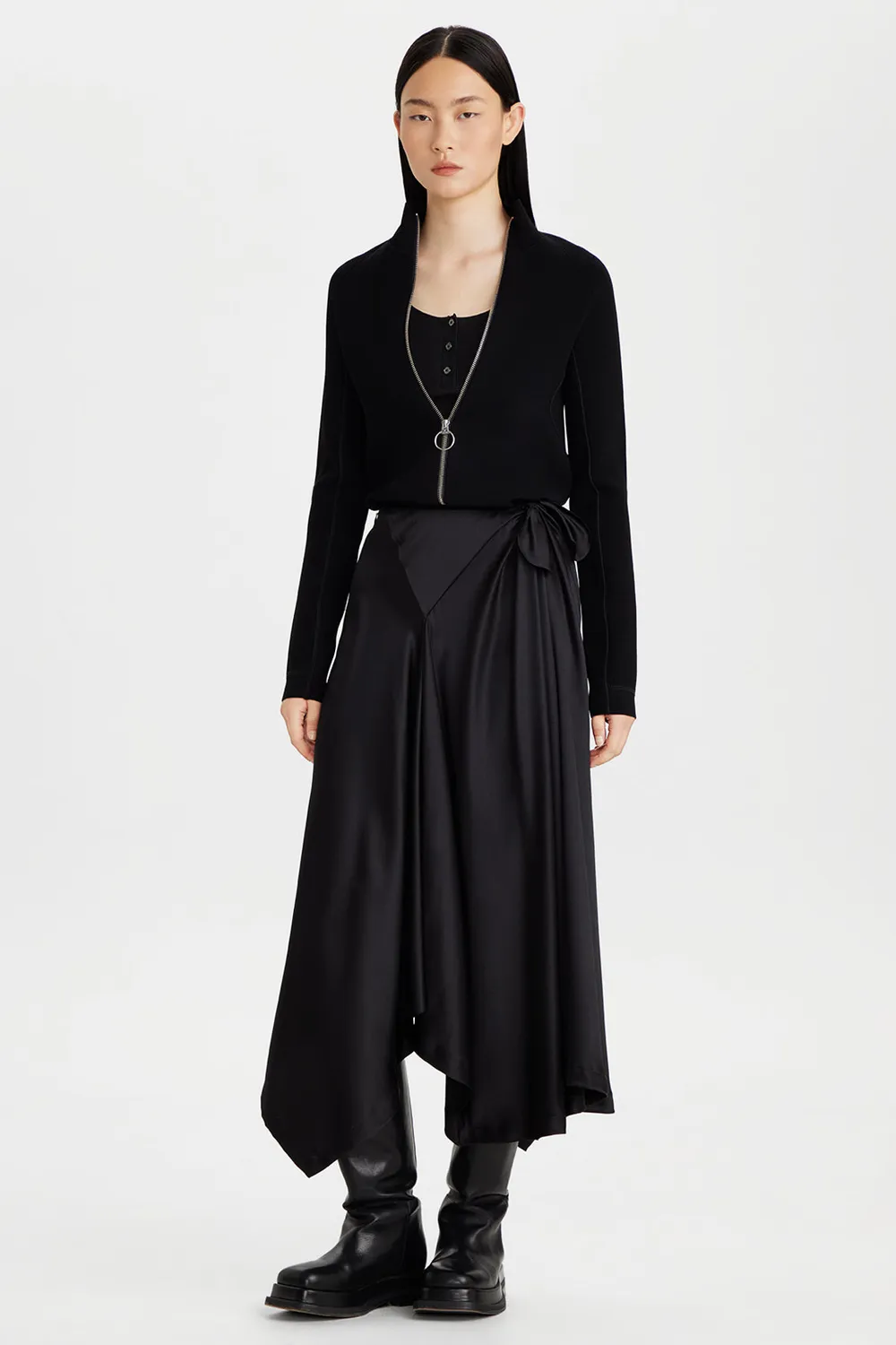 PORTS Asymmetric gonna midi nera seta satin