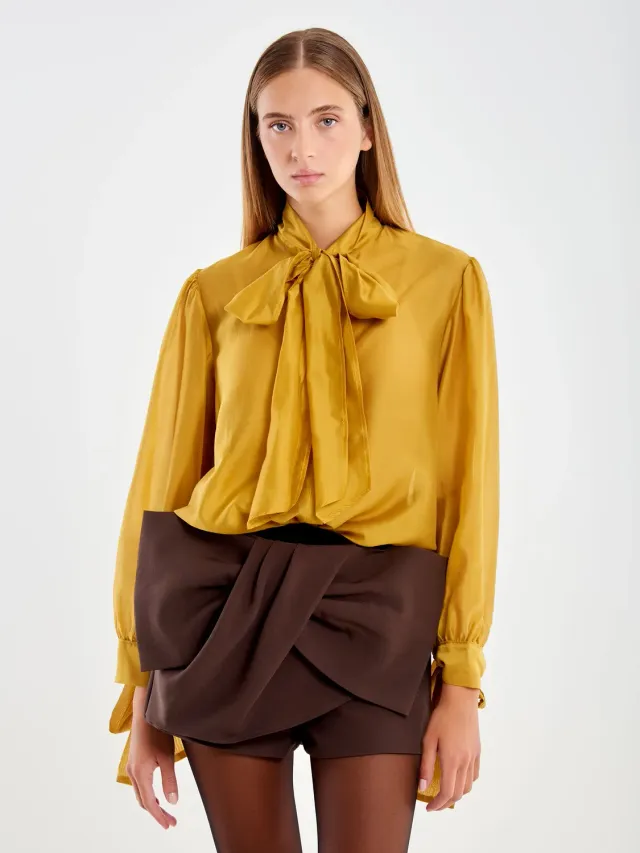 Vicolo camicia voile senape collo annodato S M L lyocell