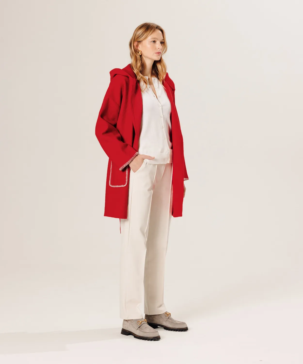 Rodier Cappotto Lana Cotta con Cappuccio Rosso