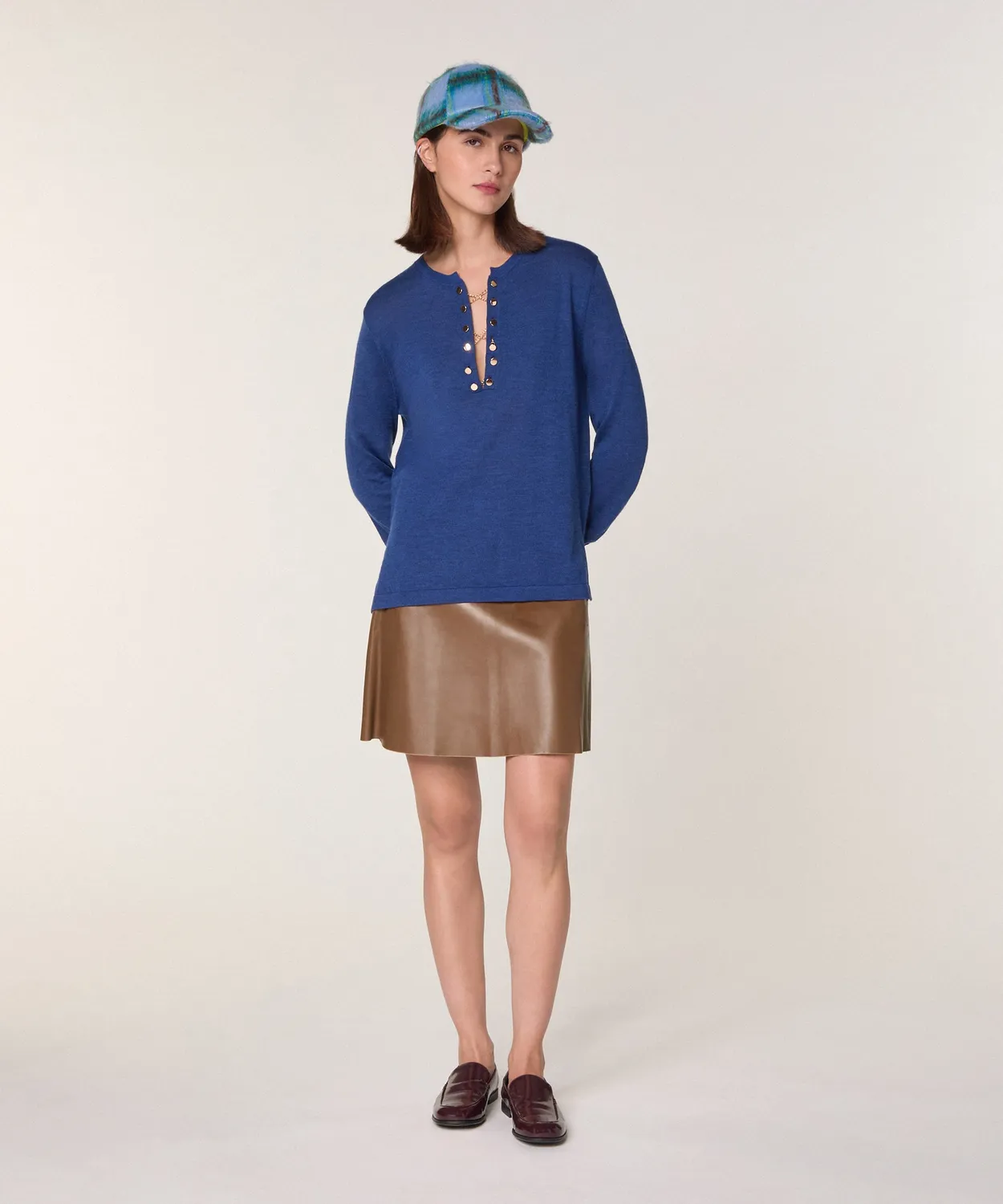Rodier maglione collo tunisino merino blu zaffiro lana