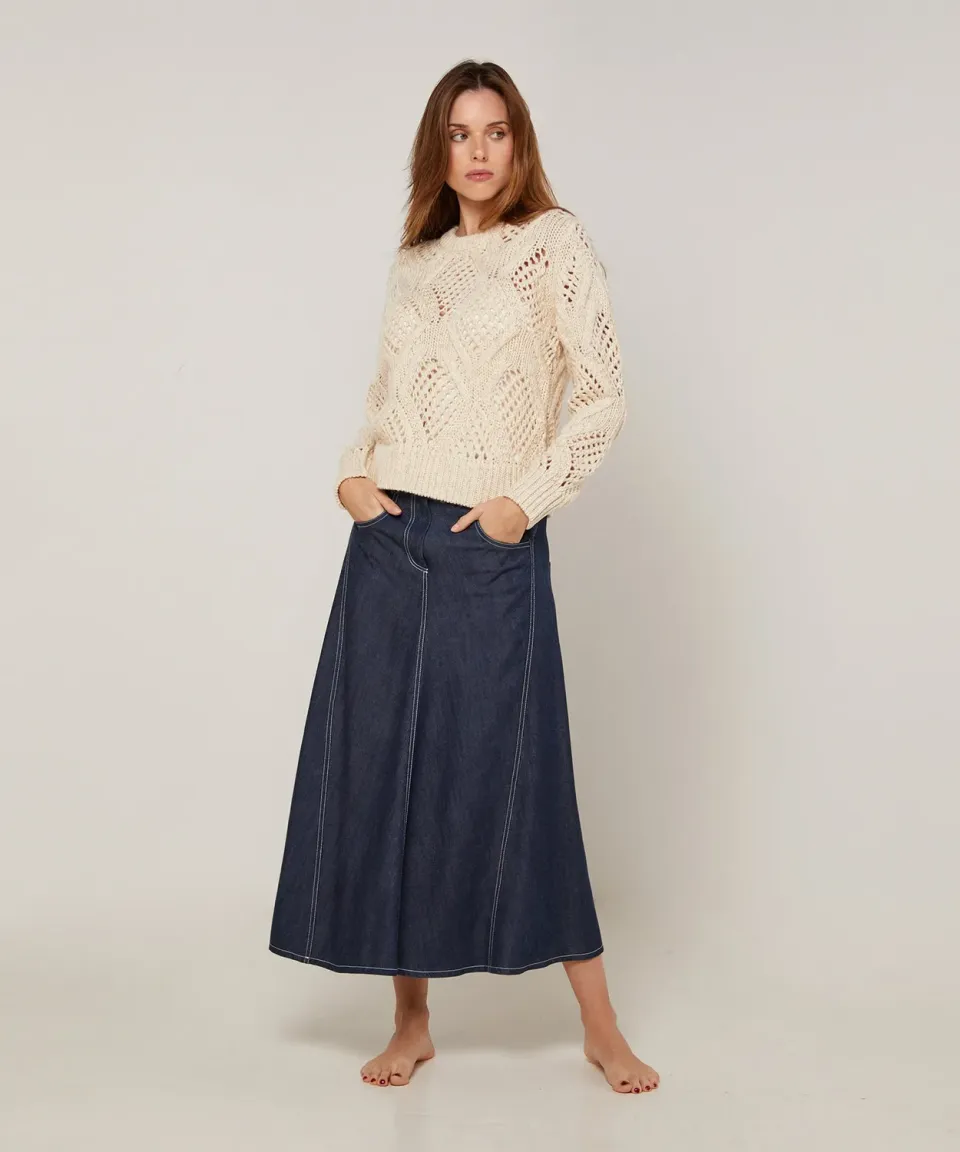 Rodier Maglia Traforata Maglione Avorio Cotone Lana