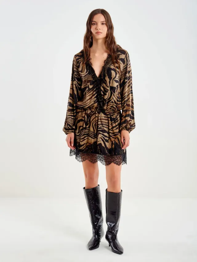 Vicolo Animalier Mini con Pizzo abito marrone raso