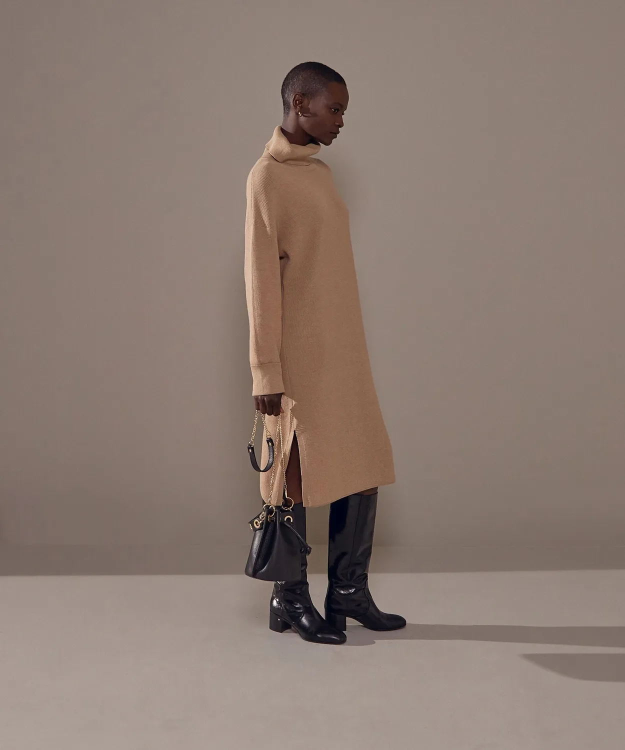 Rodier abito maglia collo alto mocha brown coste