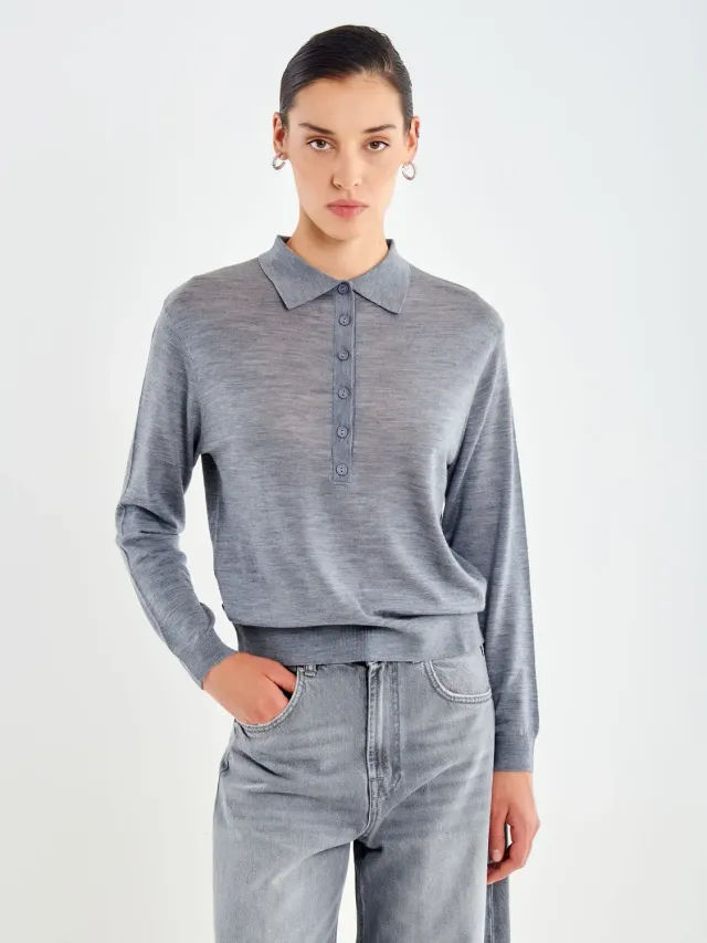 Vicolo Polo in Merinos polo lana maniche lunghe grigio