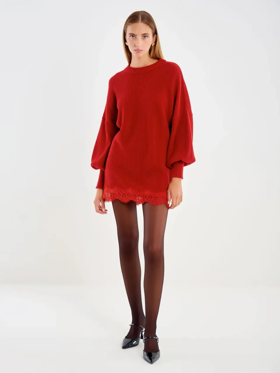 VICOLO Maglione Lungo con Pizzo rosso cotone