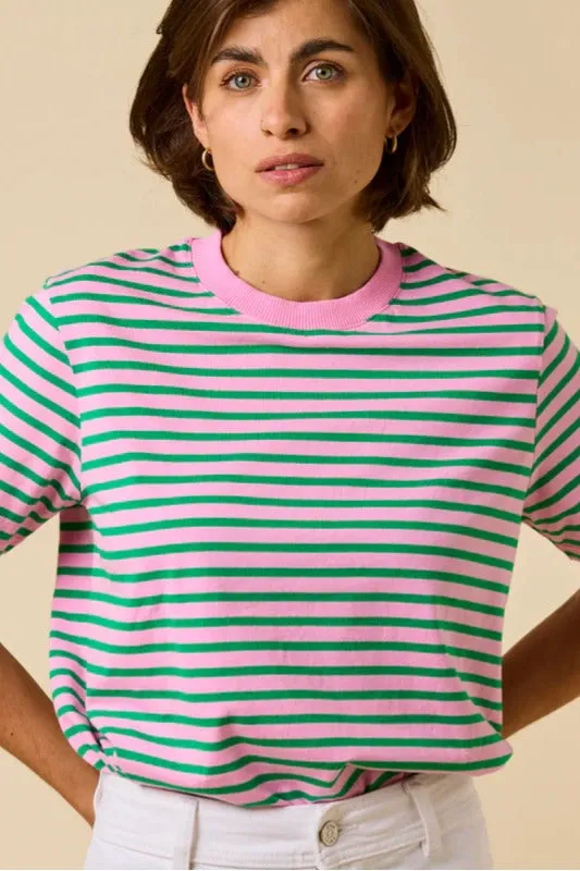 Popeia Cotton T-Shirt Stripes Pink/Green maglietta righe