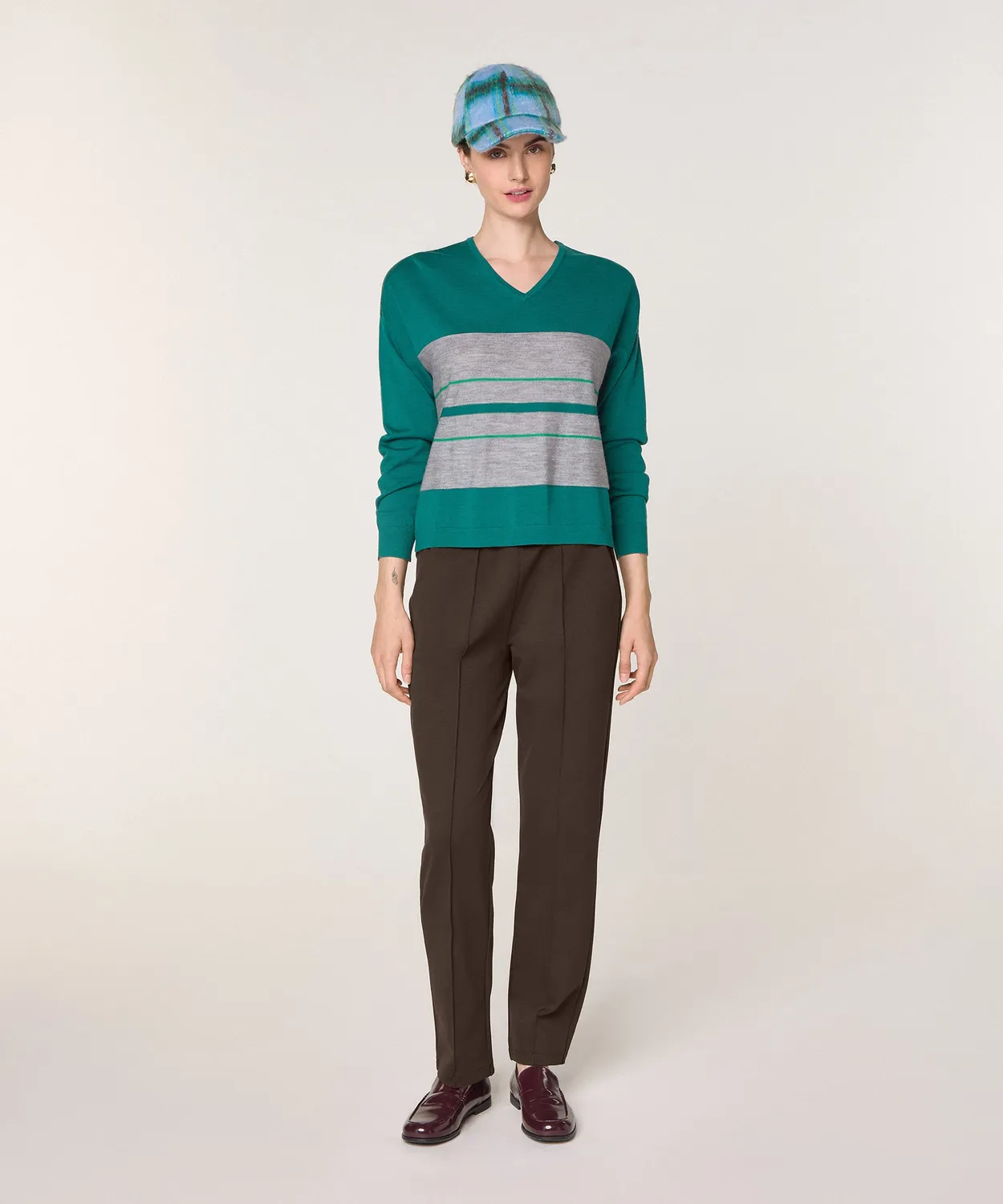 Rodier Maglione Scollo V Righe lana merino verde anatra