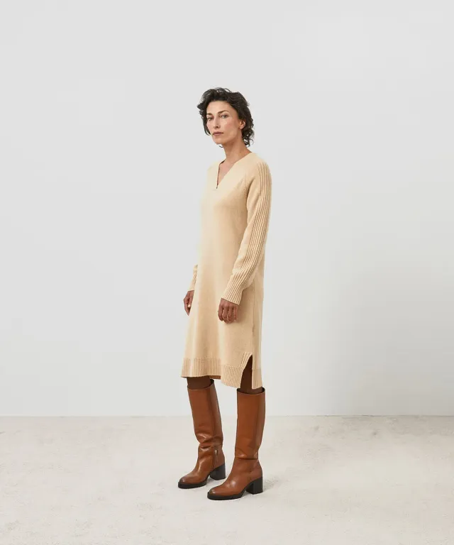 Rodier abito midi cashmere beige marl scollo a V