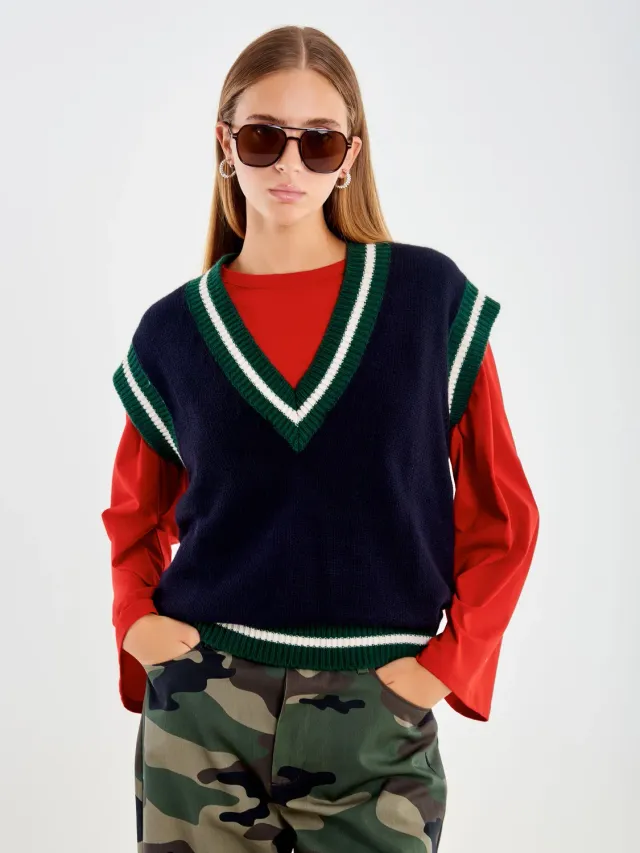 Vicolo College gilet scollo a V blu maglia costine