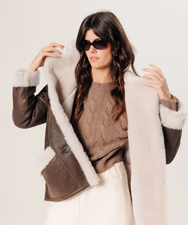 Rodier Maglione corto cashmere trecce marrone havana