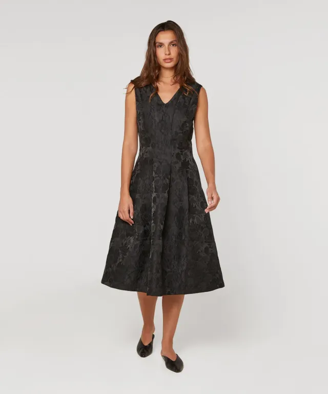 Rodier abito svasato broccato nero floreale