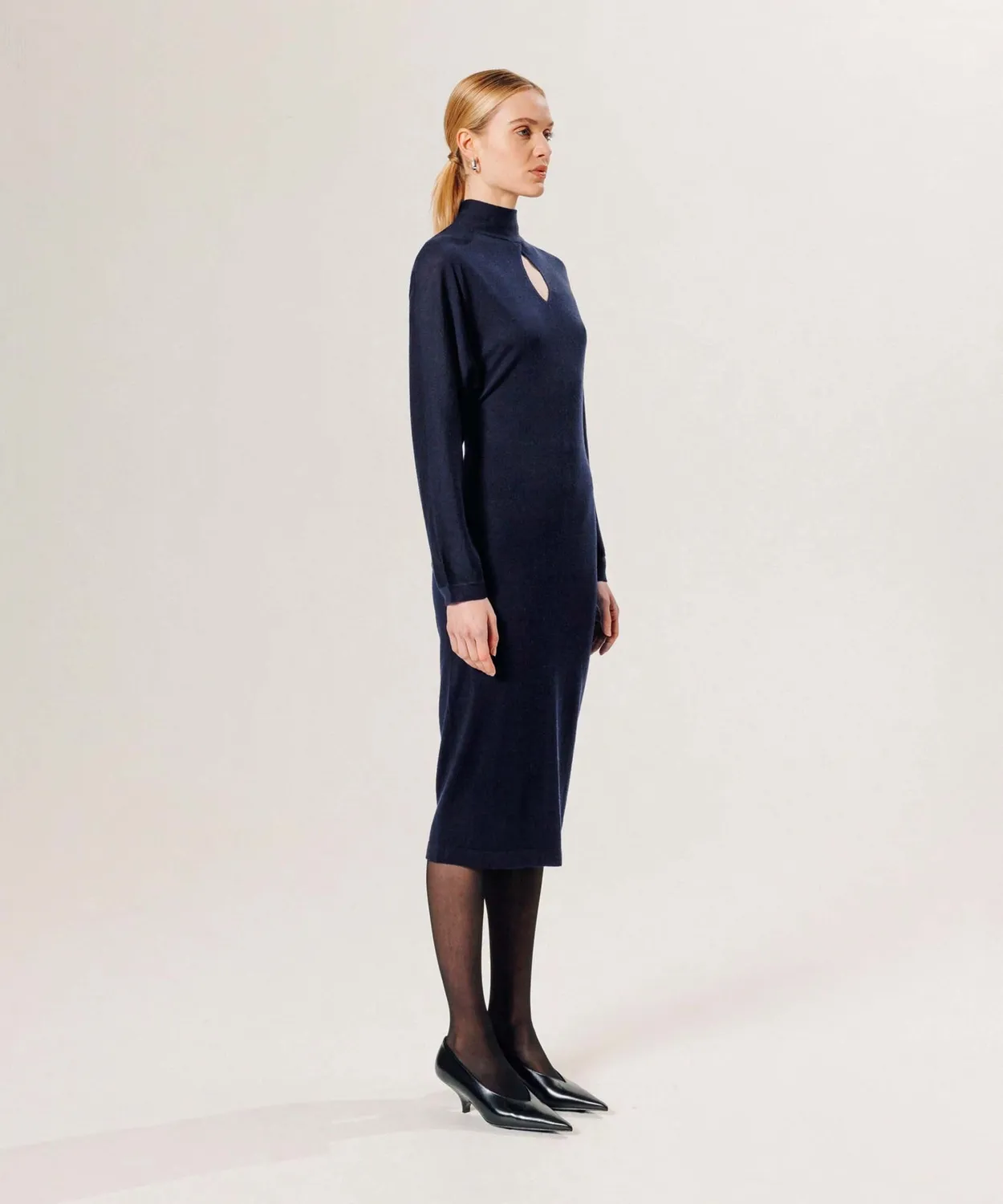 Rodier abito lungo lana merino collo finto blu navy