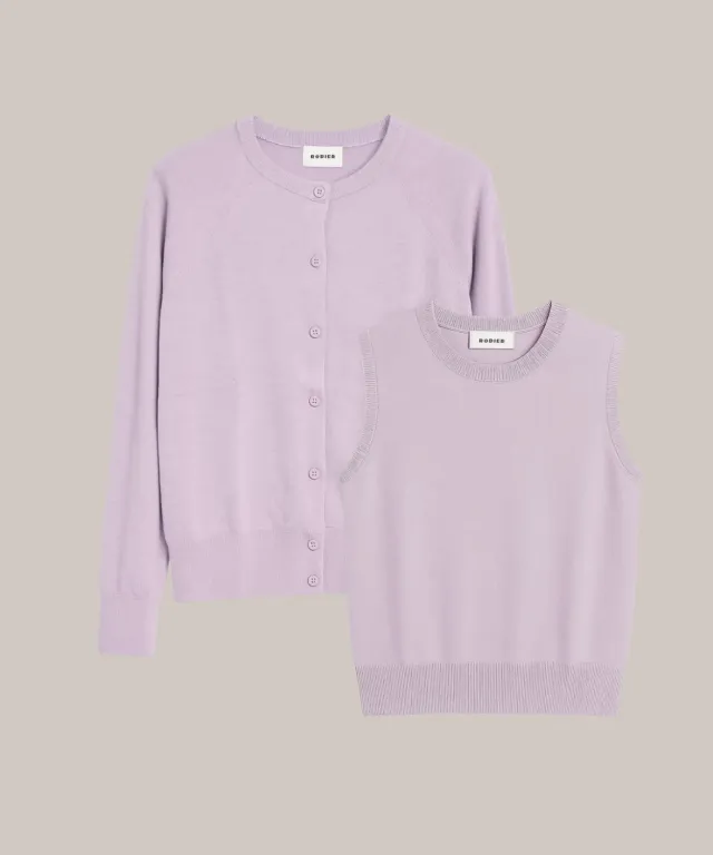 Rodier twin set girocollo seta lilla top + cardigan