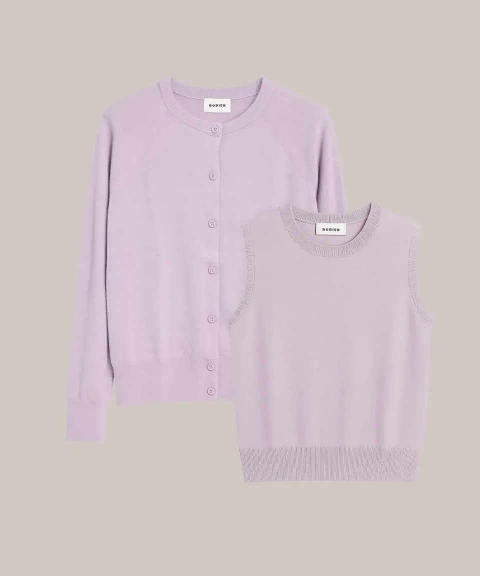 Rodier twin set girocollo seta lilla top + cardigan