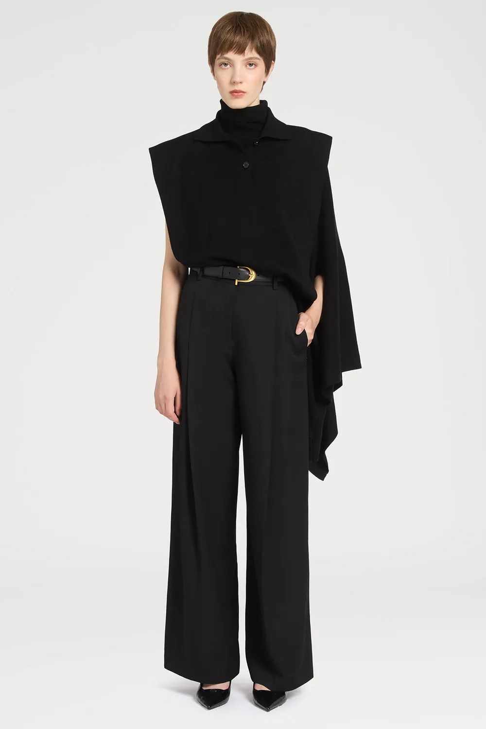 Ports 1961 Turtleneck Cape maglione nero reversibile lana seta