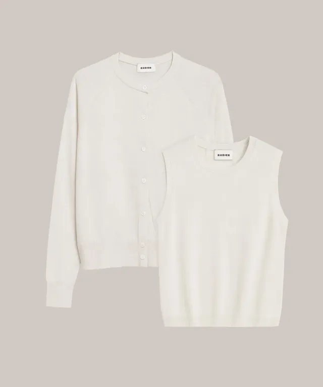 Rodier Twin Set Girocollo Seta Bianco Ecru Top+Cardigan