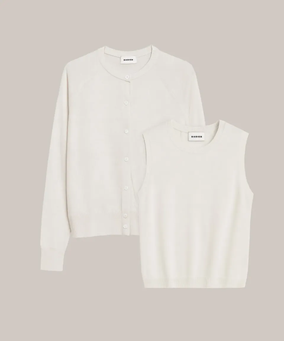 Rodier Twin Set Girocollo Seta Bianco Ecru Top+Cardigan