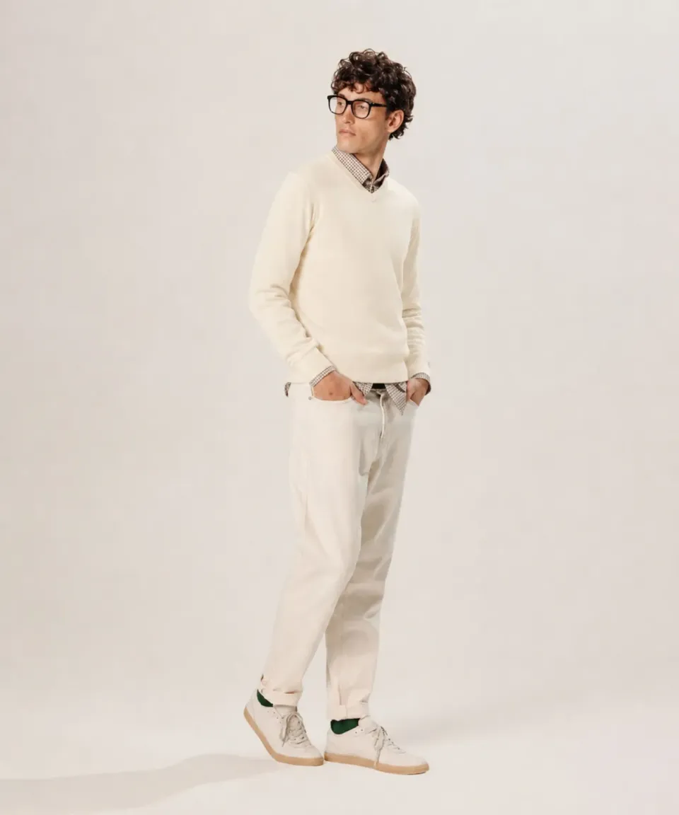 Rodier Maglia Scollo a V Lana Merino Bianco Ecru Uomo