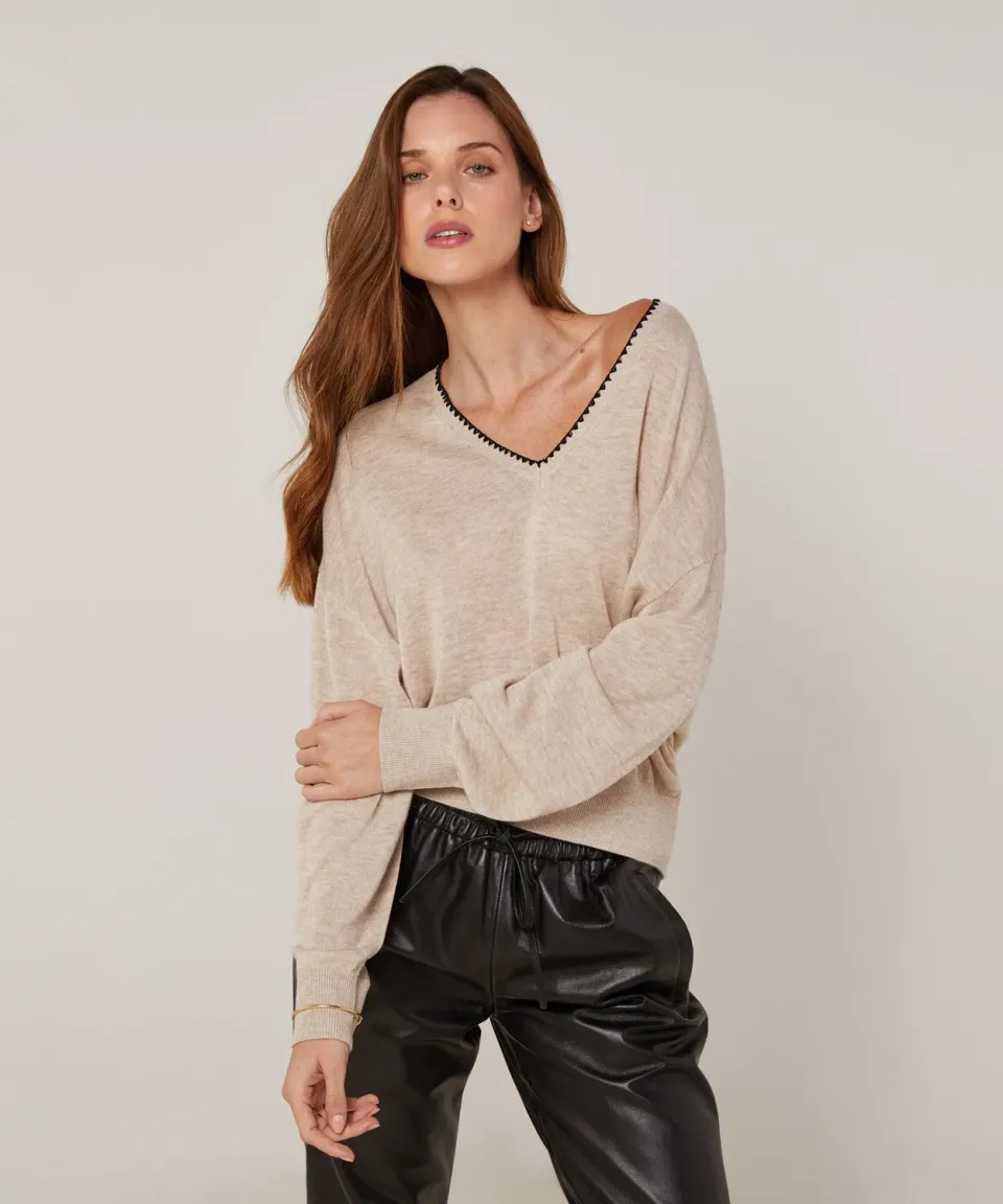 Rodier maglione scollo V maglia fine beige ampio