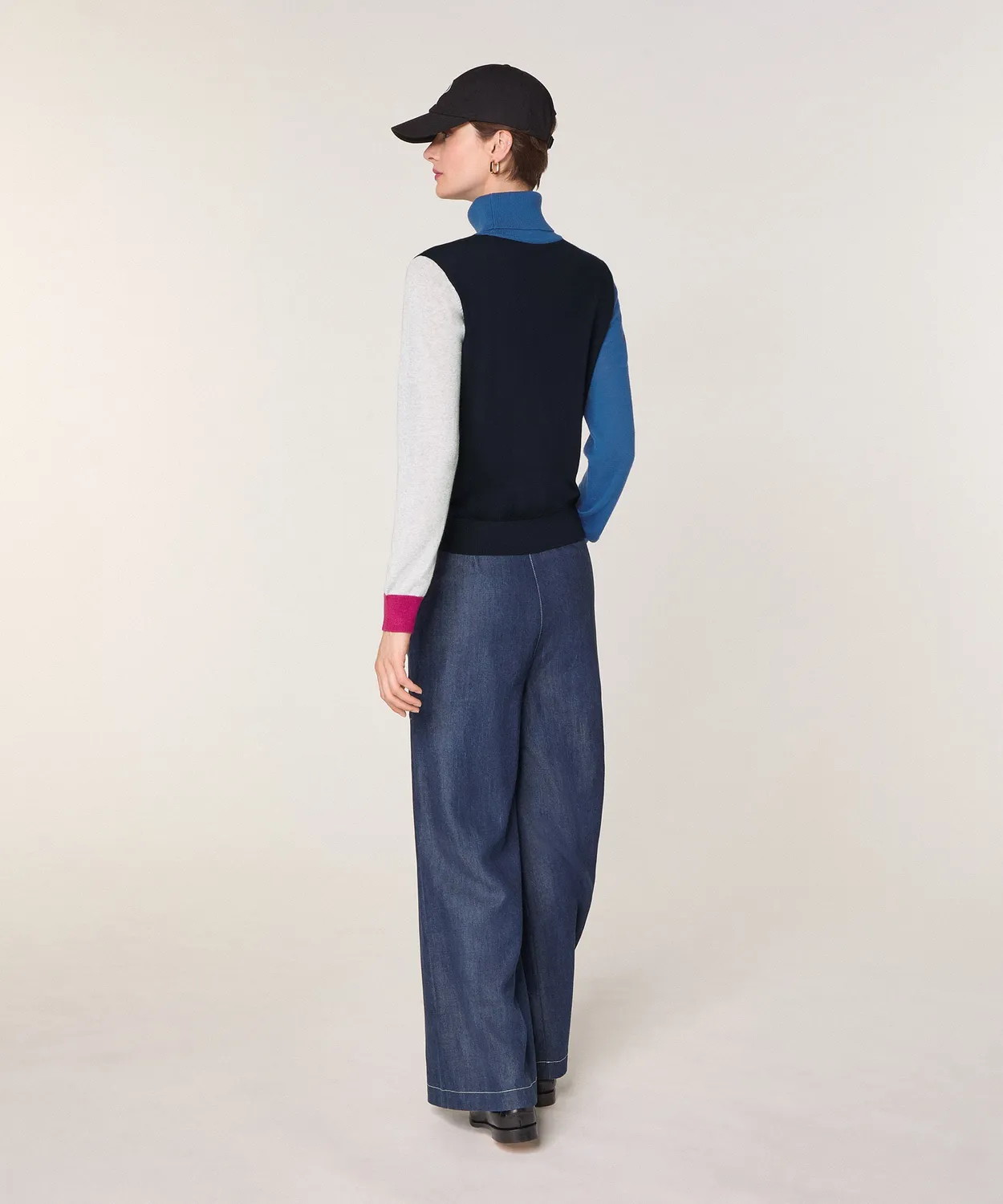 Rodier maglione dolcevita color block blu navy merino