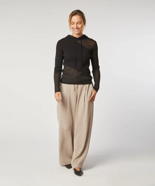 Rodier Felpa Donna con Cappuccio Lana Nera Trasparenze