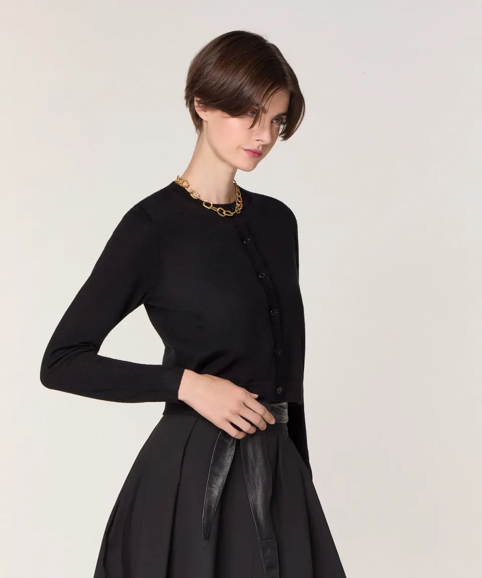 Rodier cardigan corto lana merino nero girocollo
