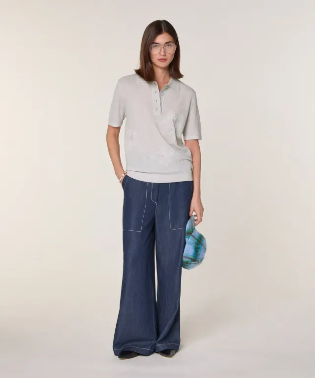 Rodier Polo lana merino manica corta bianco ricamata