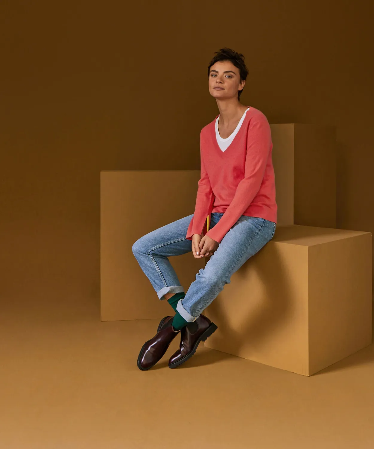Rodier maglione scollo V cashmere arancione corallo
