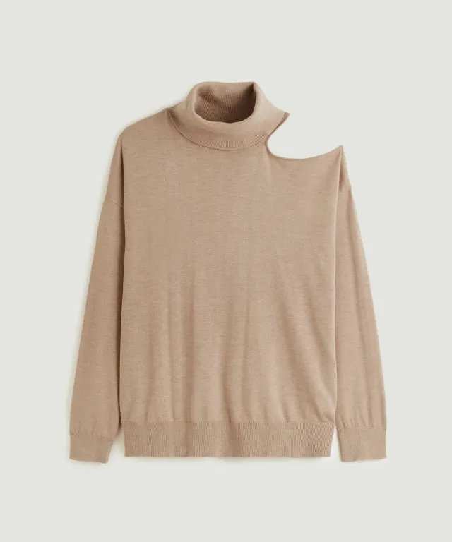 Rodier Maglione dolcevita spalla aperta marrone moka maglia fine
