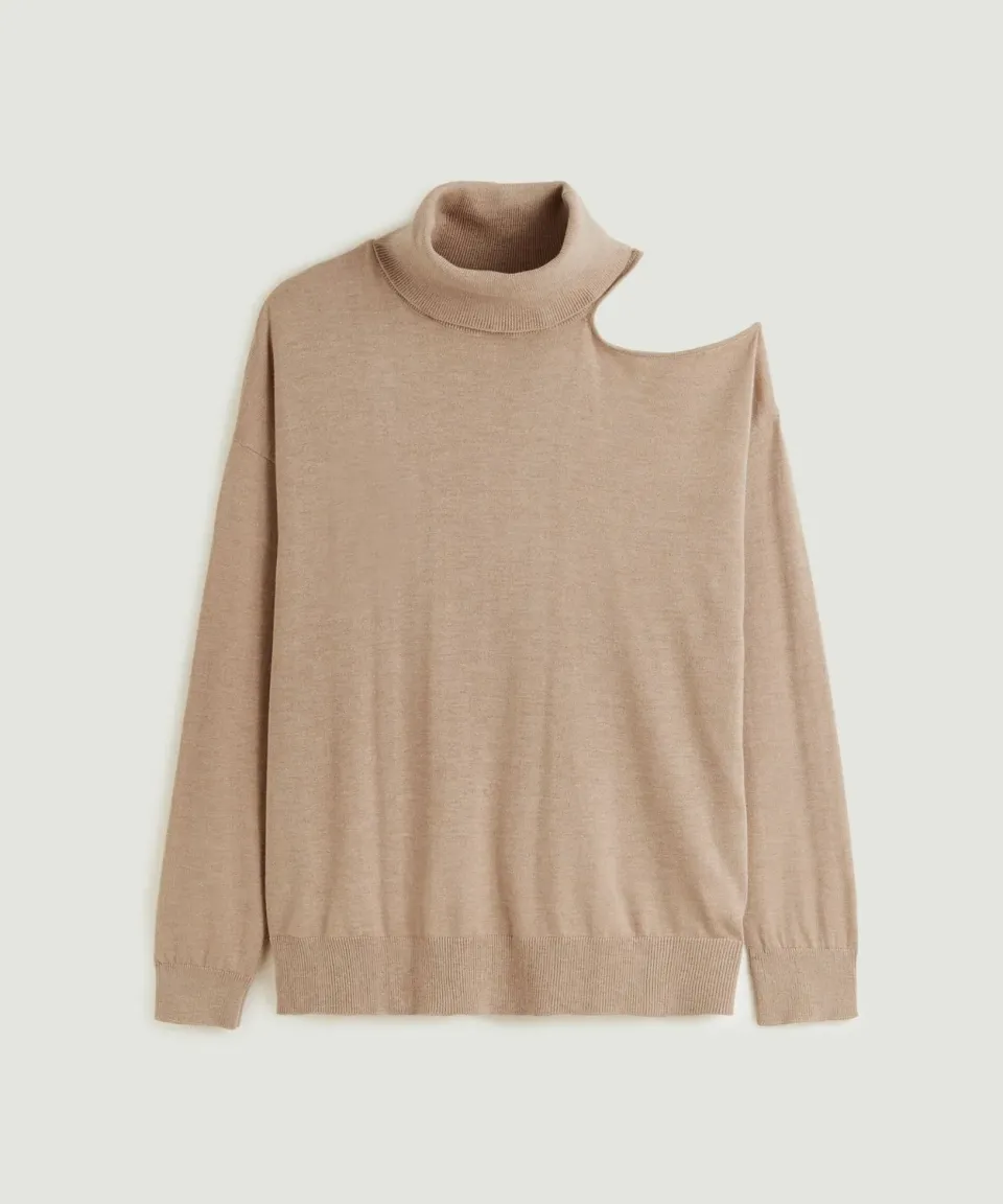 Rodier Maglione dolcevita spalla aperta marrone moka maglia fine
