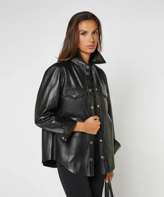 Rodier Camicia Pelle Nera Agnello Tasche Bottoni