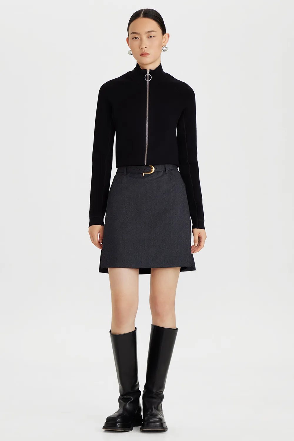 PORTS Belted Panelled gonna grigia lana cintura P